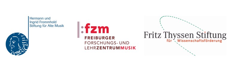 Logos der »Hermann und Ingrid Frommhold Stiftung für Alte Musik«, des »Freiburger Forschungs- und Lehrzentrums Musik« und der »Fritz Thyssen Stiftung für Wissenschaftsförderung«