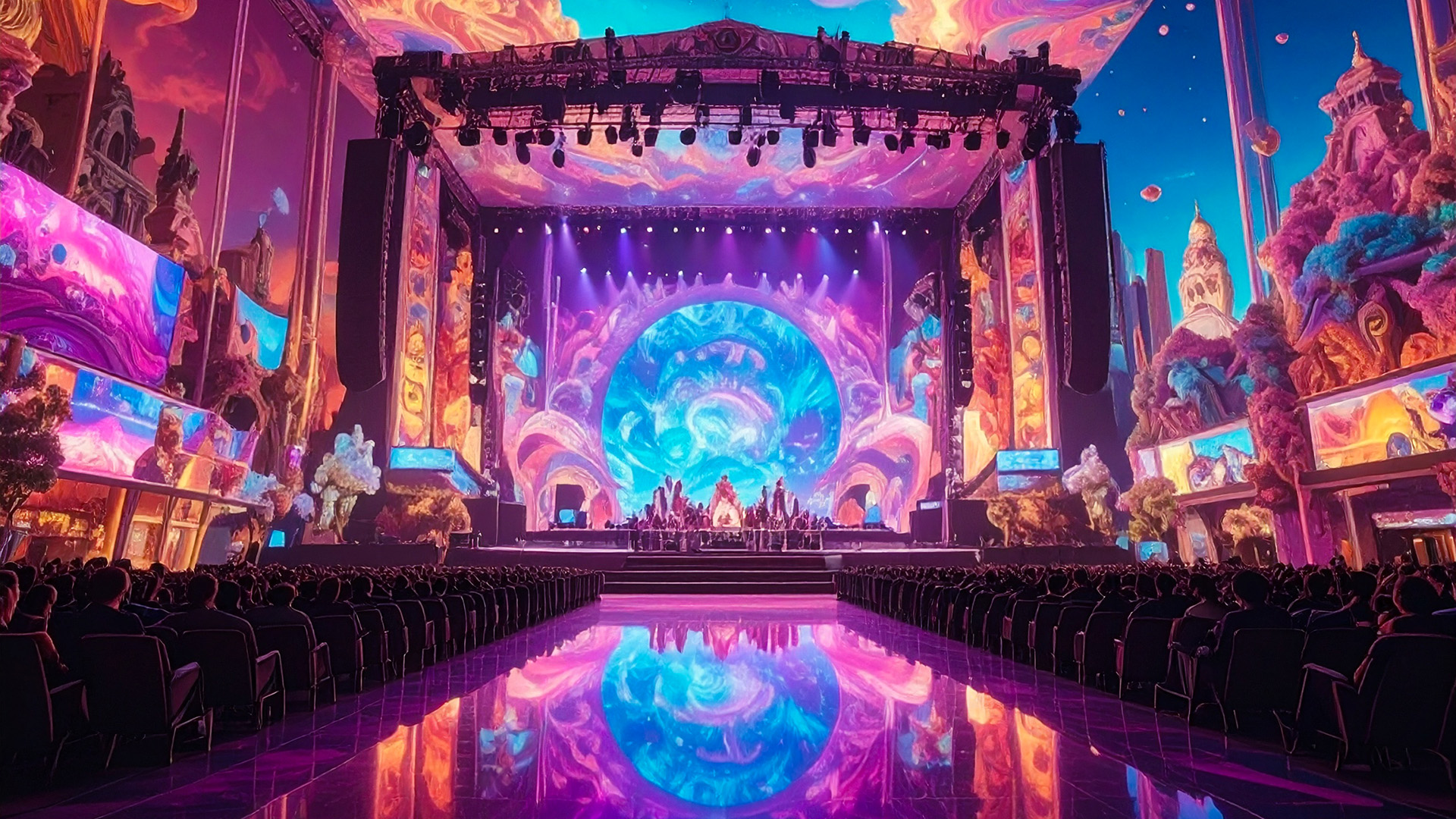 Eine in grellen Farben ausgeleuchtete Bühne